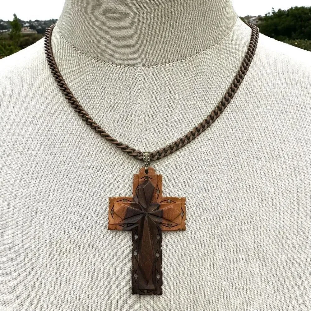 Vintage wood carved cross pendant necklace on copper chain